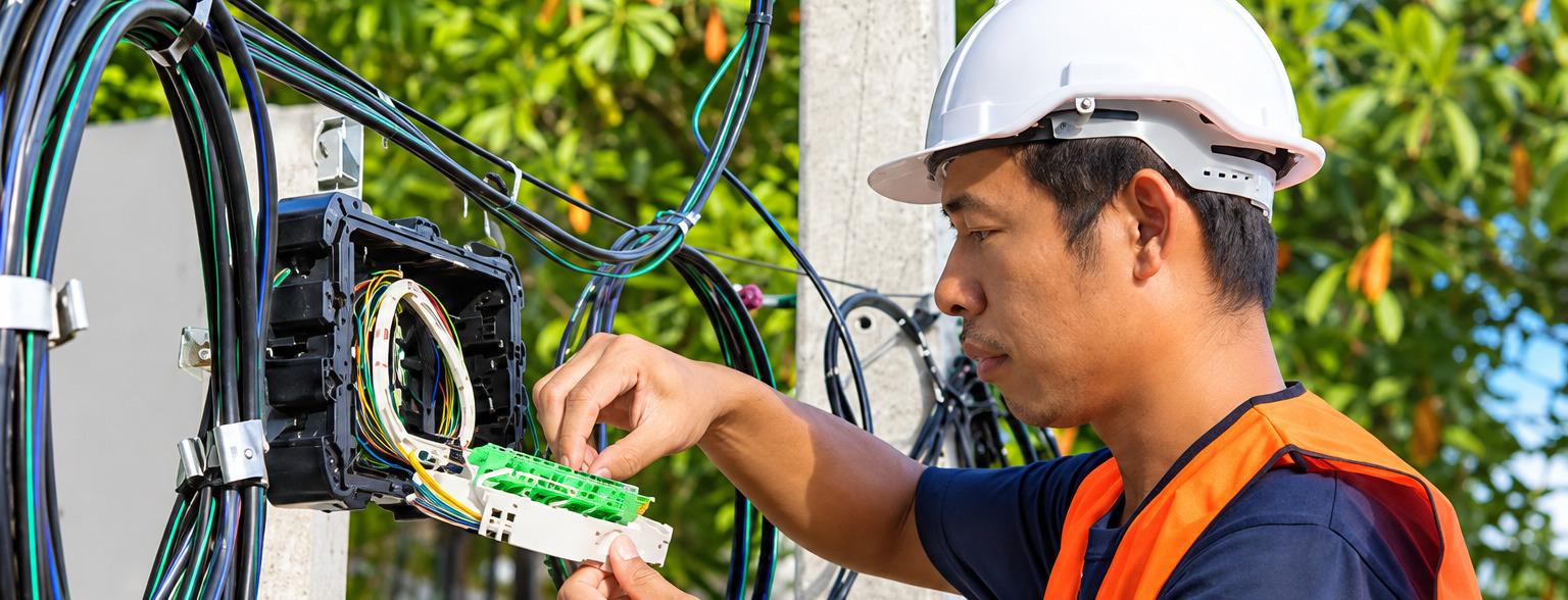 Broadband technician working on a fiber-optic connection outdoors