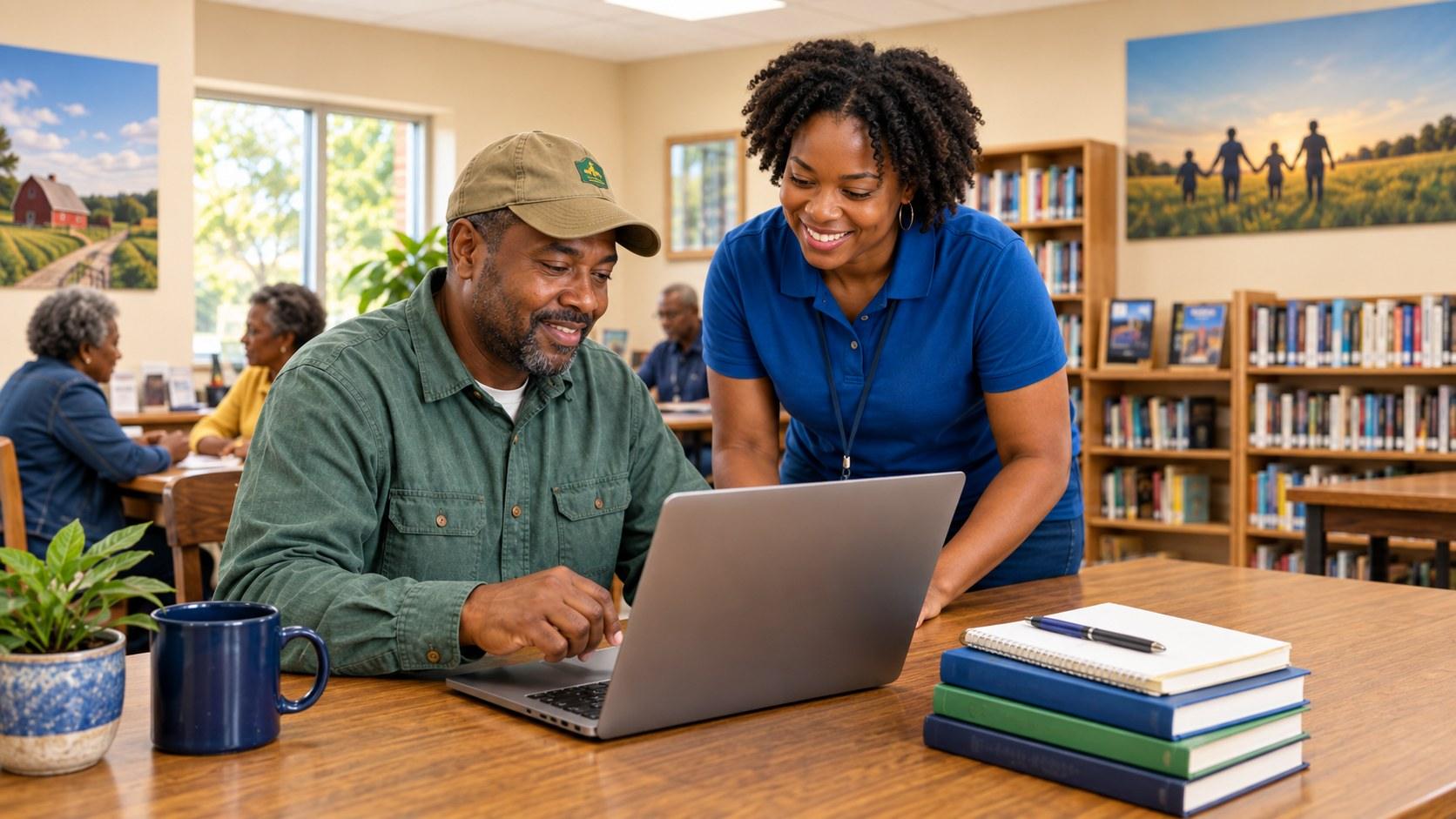 A Digital Navigator helping a resident one-on-one with a laptop in a community library.