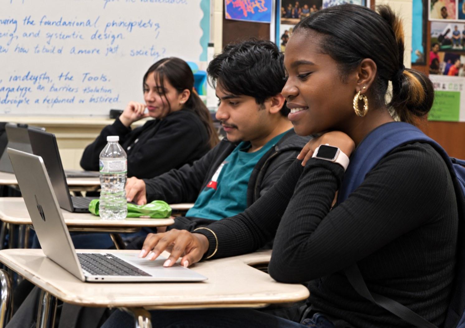 Students from different backgrounds using laptops in a classroom