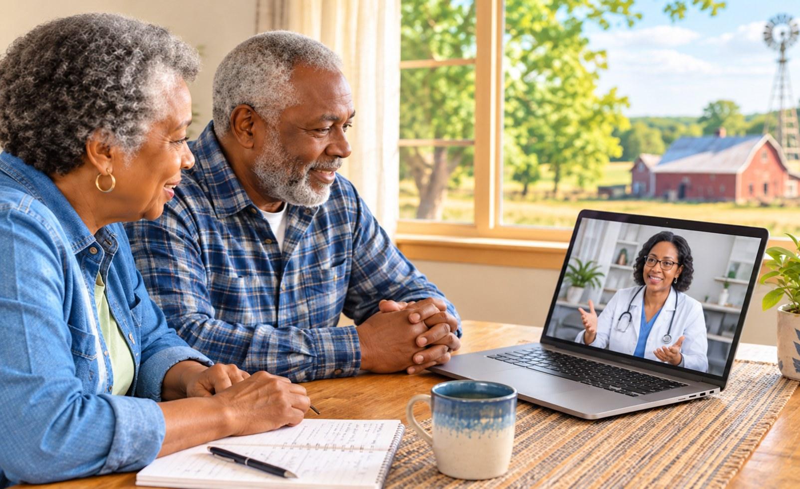 Older rural couple speaking with a doctor by video from home